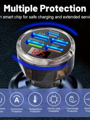 65W Car Charger 5 Ports (4 USB + 1 Type-C) Fast Charging Adapter with PD30W & QC3.0, LED Indicator