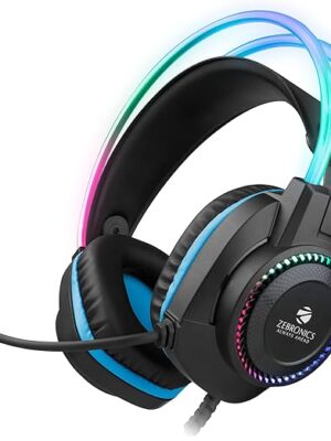 Jet PRO Premium Wired Gaming On Ear Headphone with LED for Headband + earcups, 40mm Neodymium Drivers, 2 Meter Braided Cable, with mic, Suspension Design, 3.5mm + USB Connector (Black, Blue)